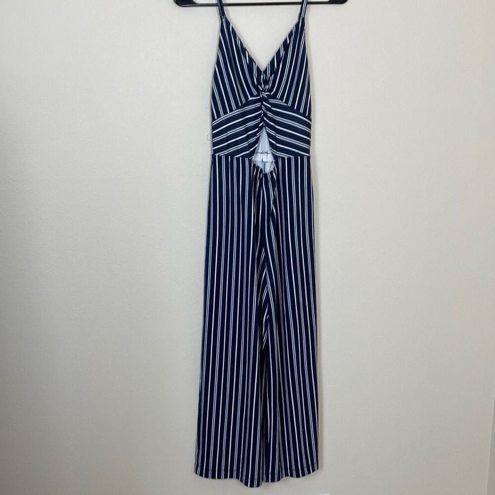 Navy Blue White Striped Cutout Front Knot Wide Leg Jumpsuit Womens Small